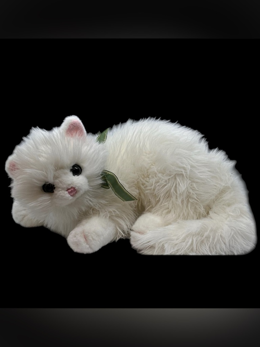 Vintage Charter Club White Fluffy Cat Plush Stuffed Animal Toy Green Ribbon Bow